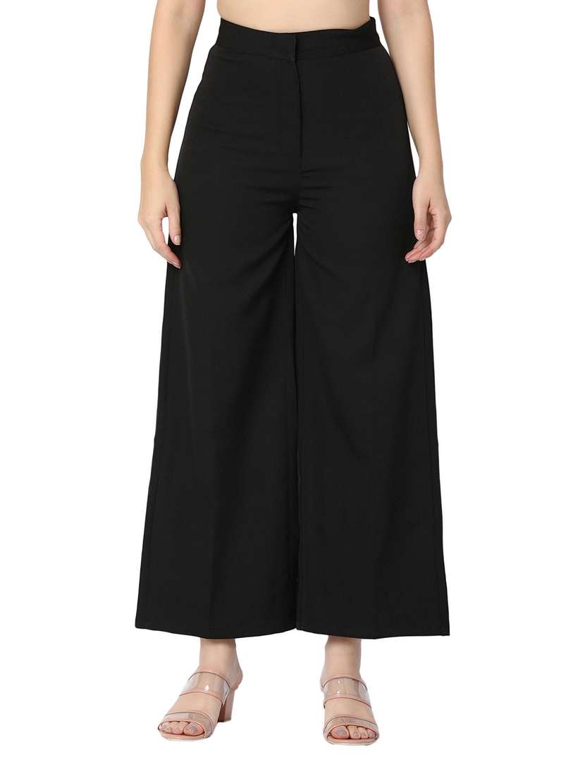 women solid flat front wide leg trouser