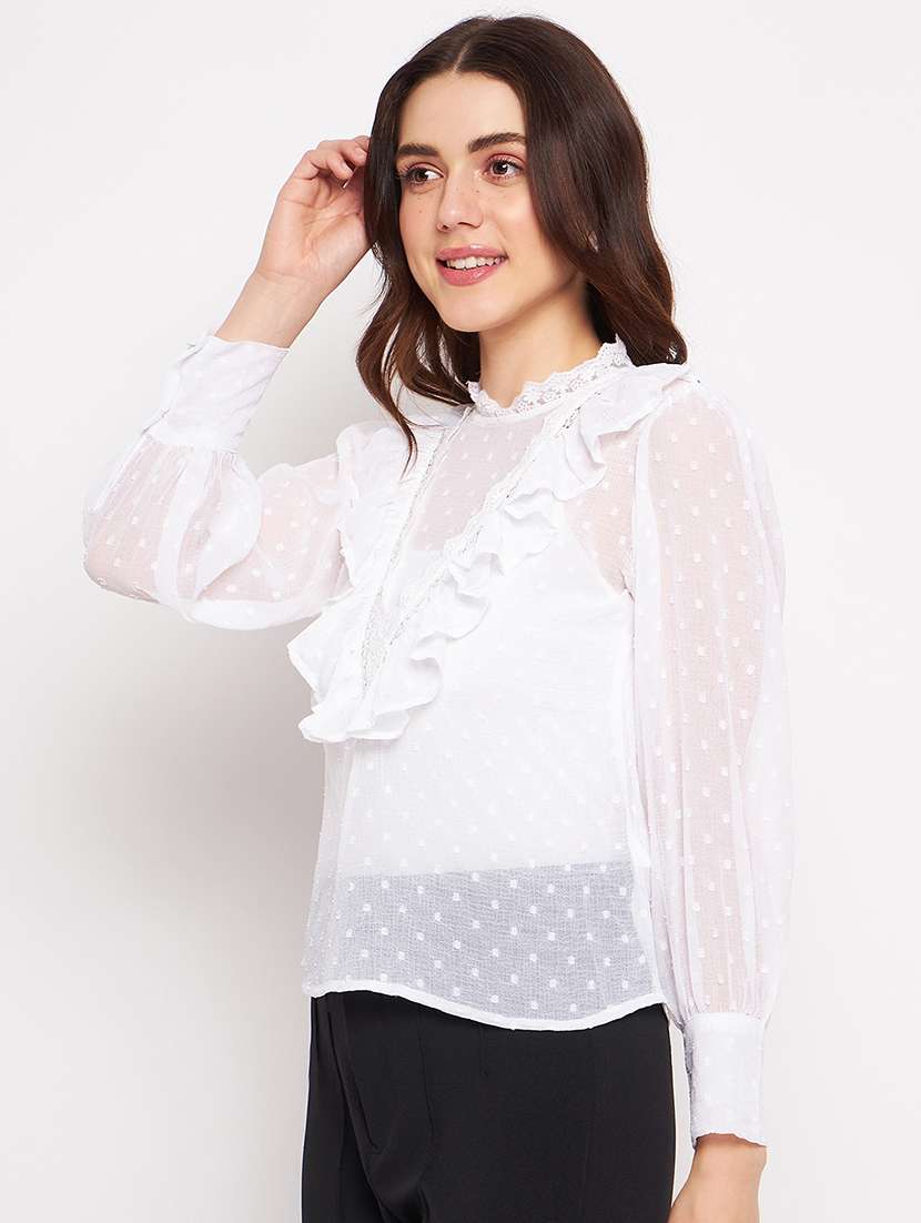 women's ruffle scalloped neck top - 20156428 -  Standard Image - 1