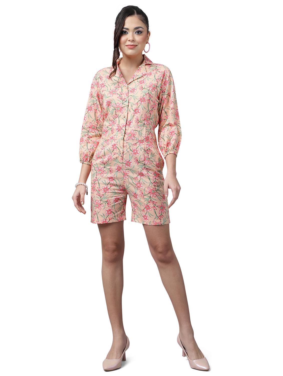 orange floral print lapel neck button up romper - 20157912 - Zoom Image - 0