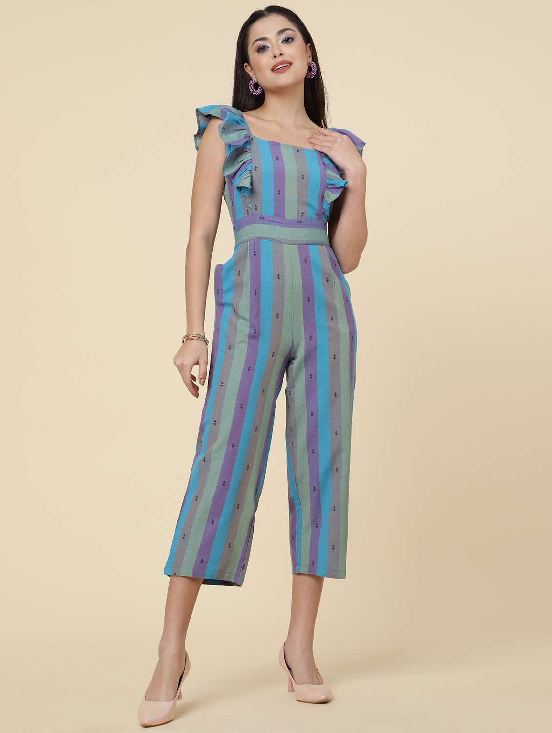 blue striped sleeveless full length jumpsuit