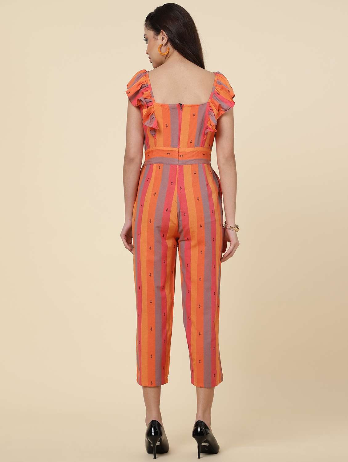 Orange Striped Sleeveless Full Length Jumpsuit