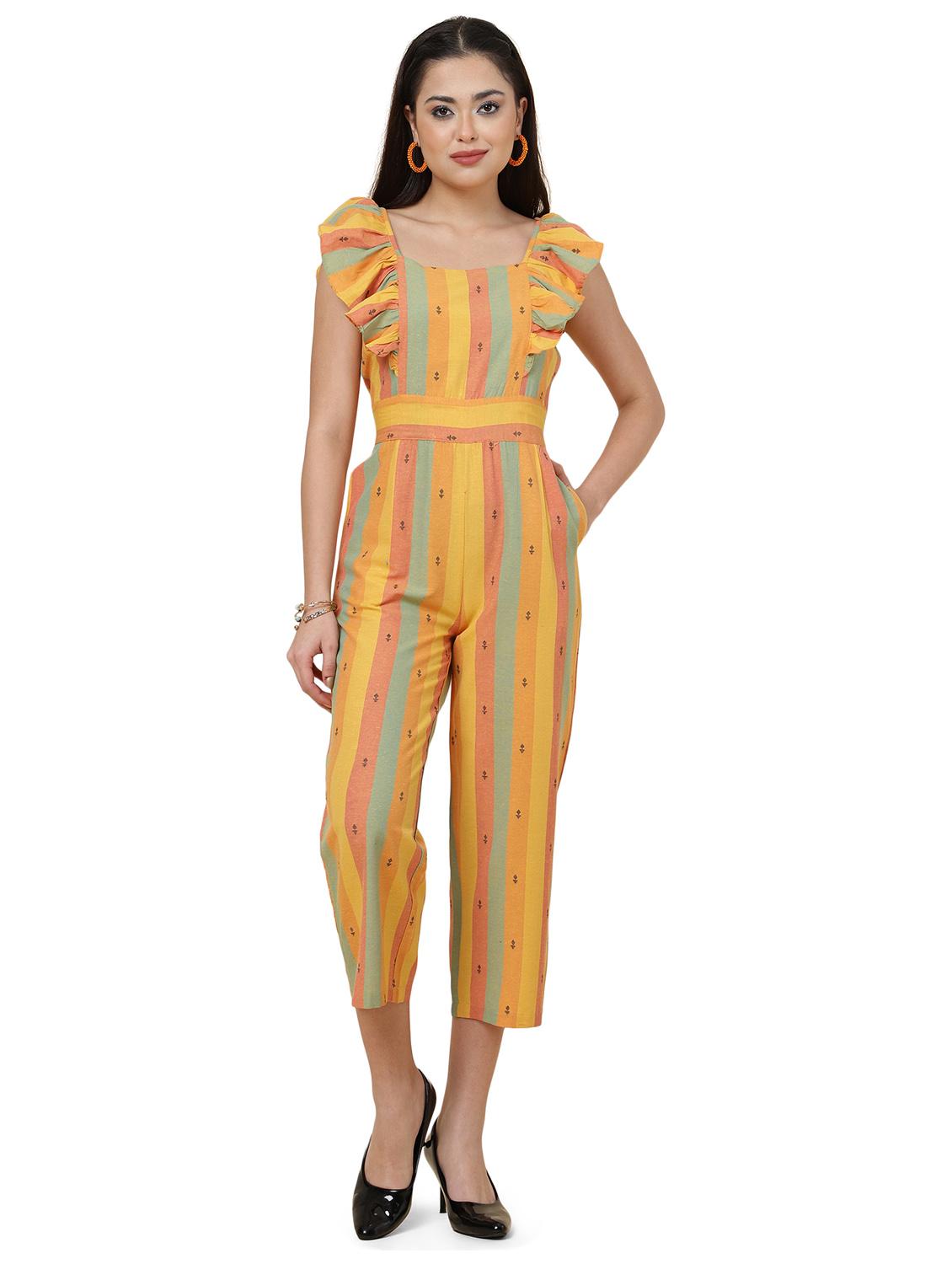 yellow striped sleeveless full length jumpsuit - 20157917 -  Zoom Image - 0