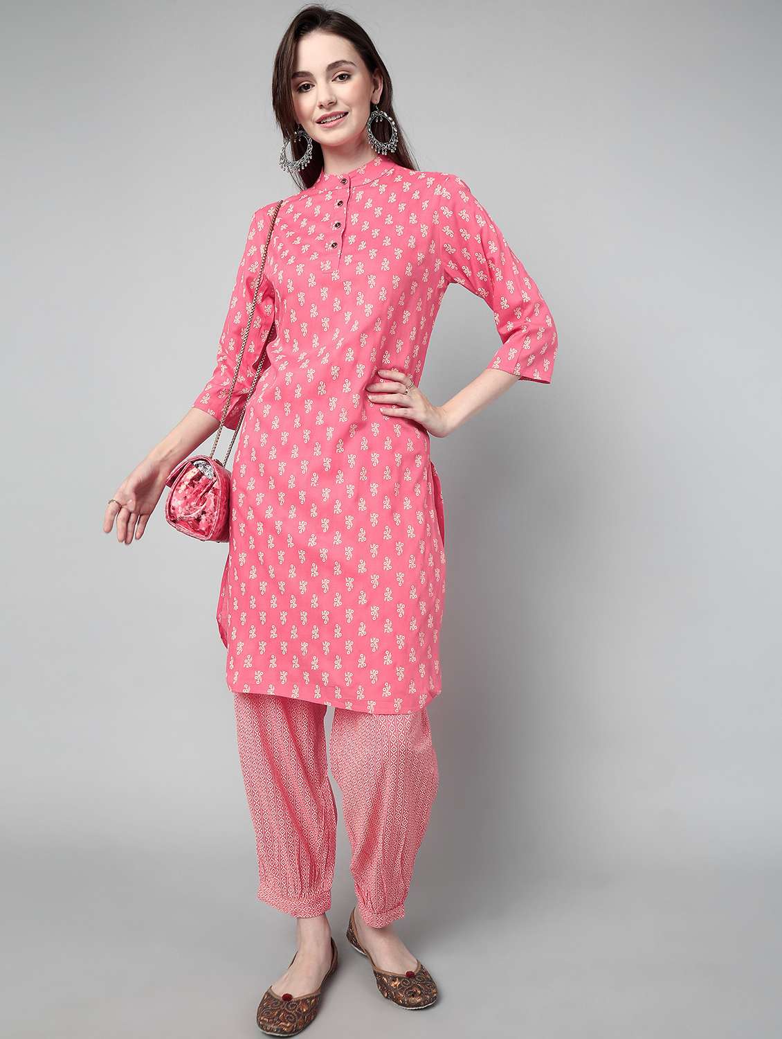 women pink three quarter sleeve kurta sallwar set