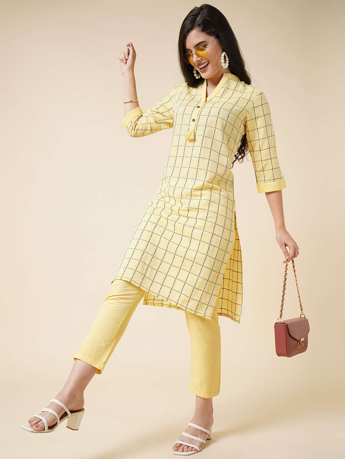 yellow cotton blend kurta pant  set