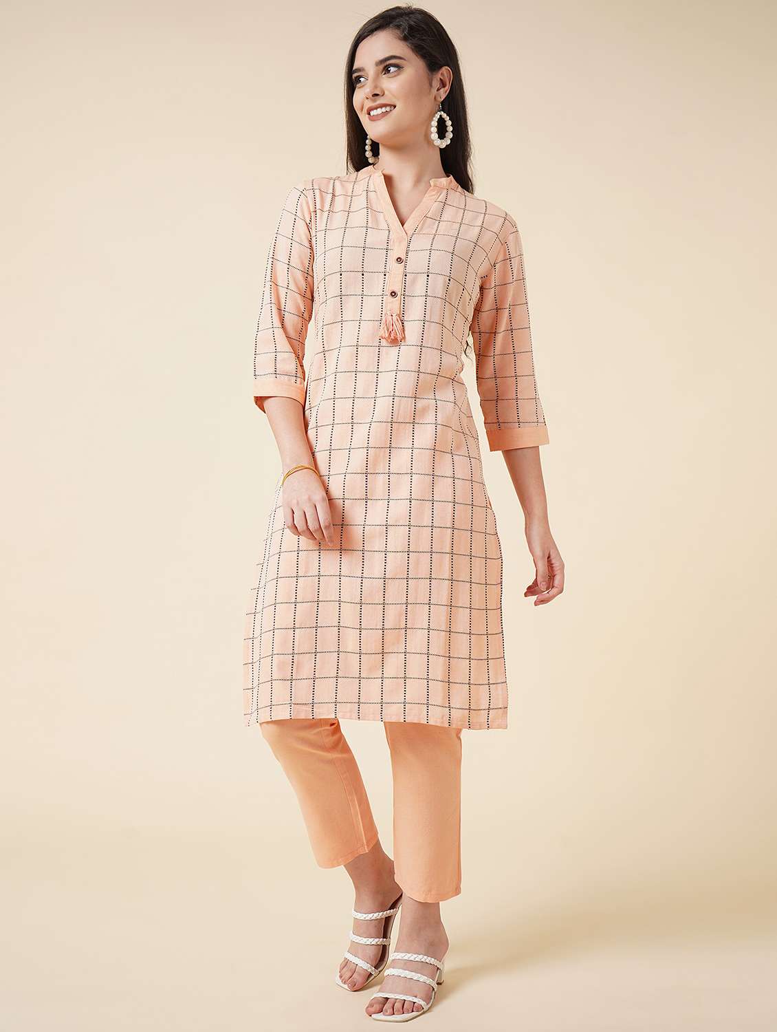 orange cotton blend kurta pant  set