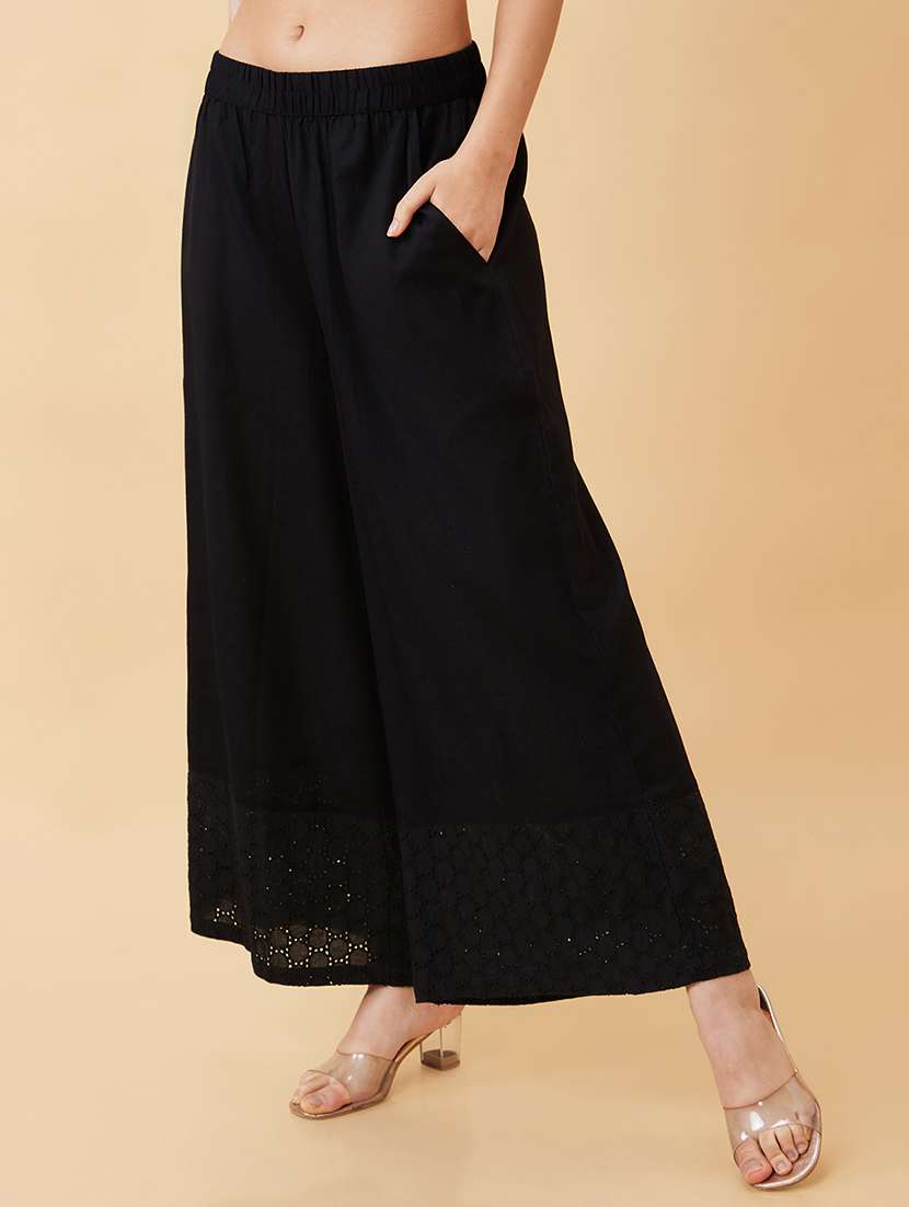 globus women black opaque schiffli hem design wide leg ethnic palazzos - 20158099 -  Standard Image - 1