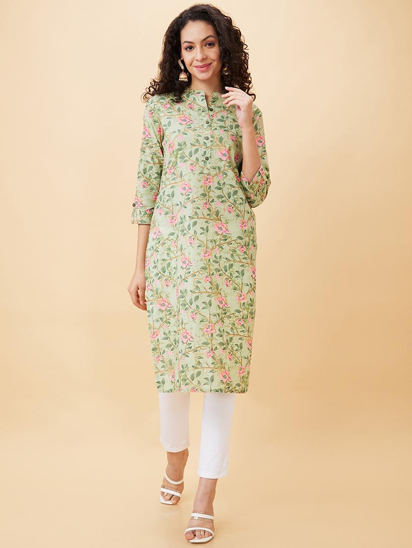 globus women green floral print mandarin neck straight calf length kurta - 20158123 -  Standard Image - 1