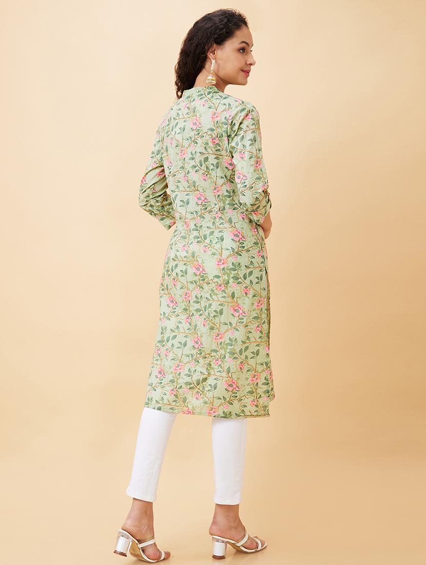 globus women green floral print mandarin neck straight calf length kurta - 20158123 - Standard Image - 4