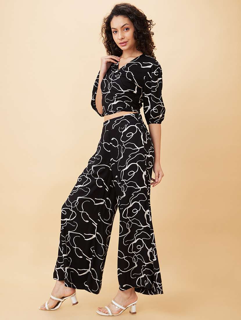 globus women black abstract print wrap tie-back crop top & flared palazzos co-ord set - 20158124 -  Standard Image - 1