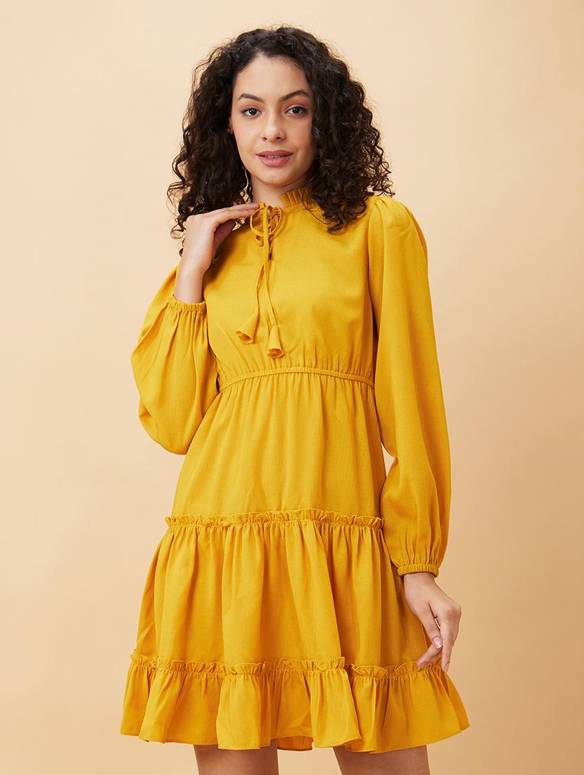 women yellow polyester fit & flare dress - 20158127 -  Standard Image - 1