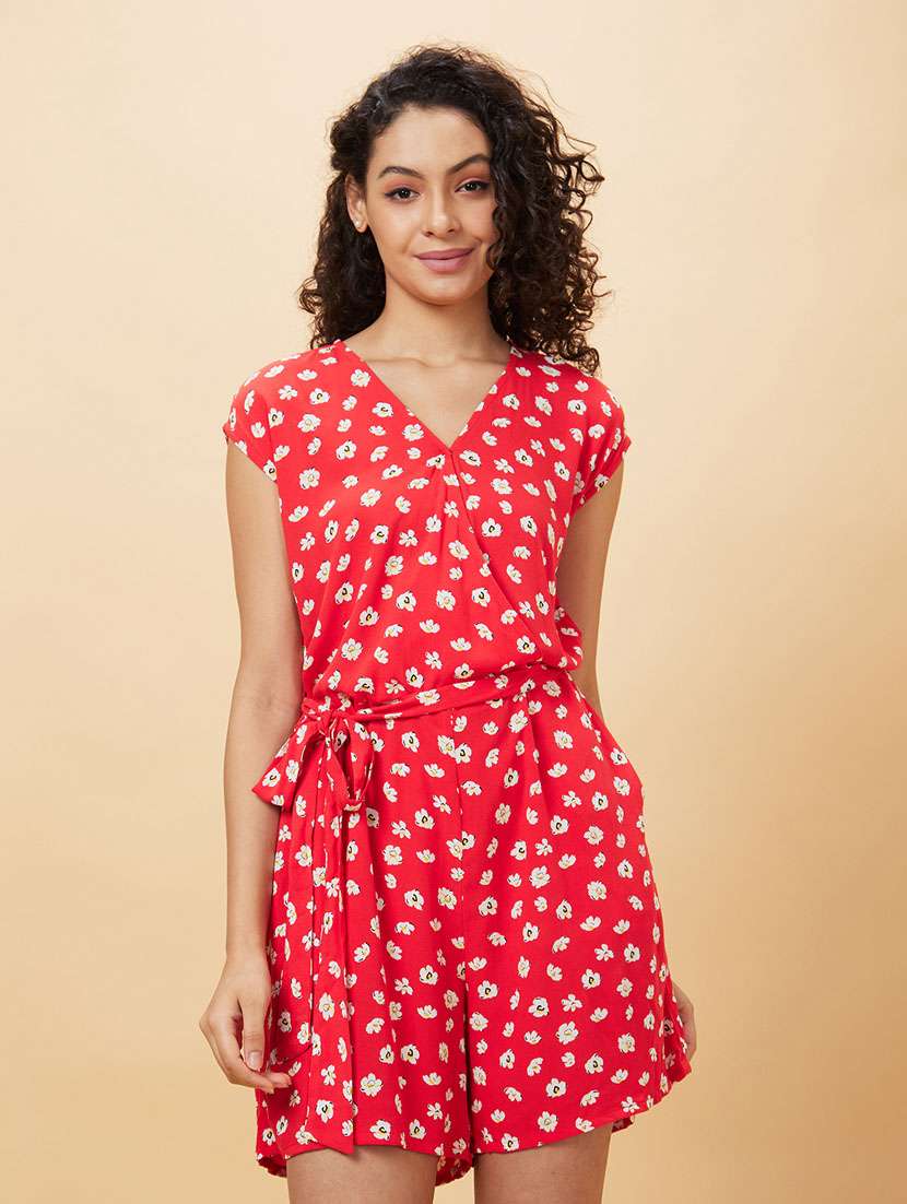 red printed v neck romper 