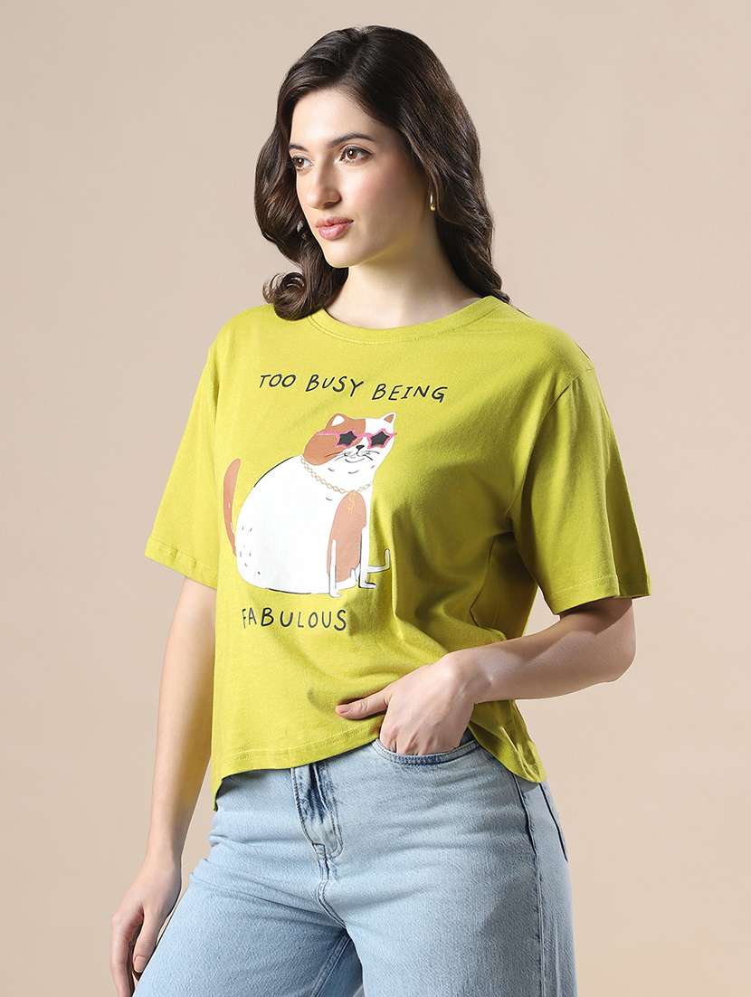 globus women green drop shoulder graphic printed oversized trendy crop t-shirt - 20158136 -  Standard Image - 1