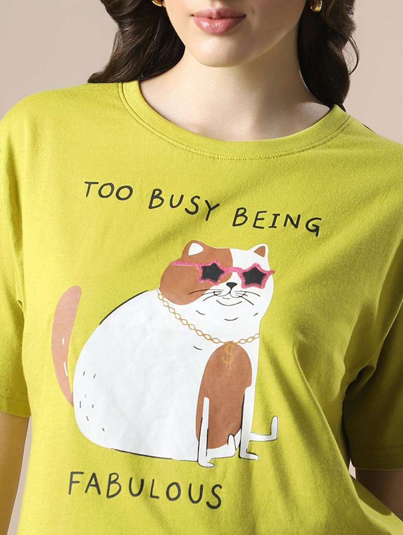 globus women green drop shoulder graphic printed oversized trendy crop t-shirt - 20158136 -  Standard Image - 4