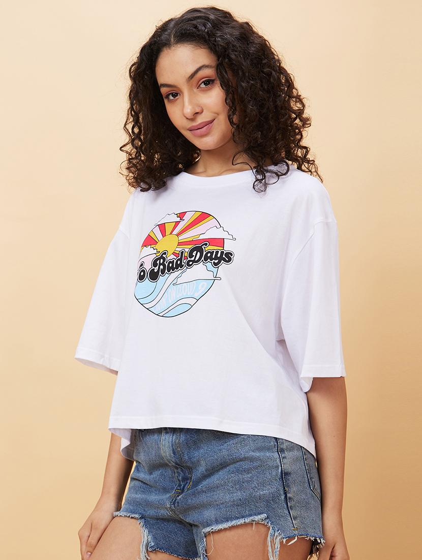 women's chest print round neck t-shirt - 20158138 -  Standard Image - 1