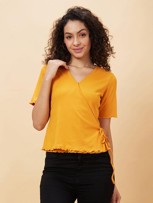 women yellow cotton wrap top - 20158140 -  Standard Image - 0