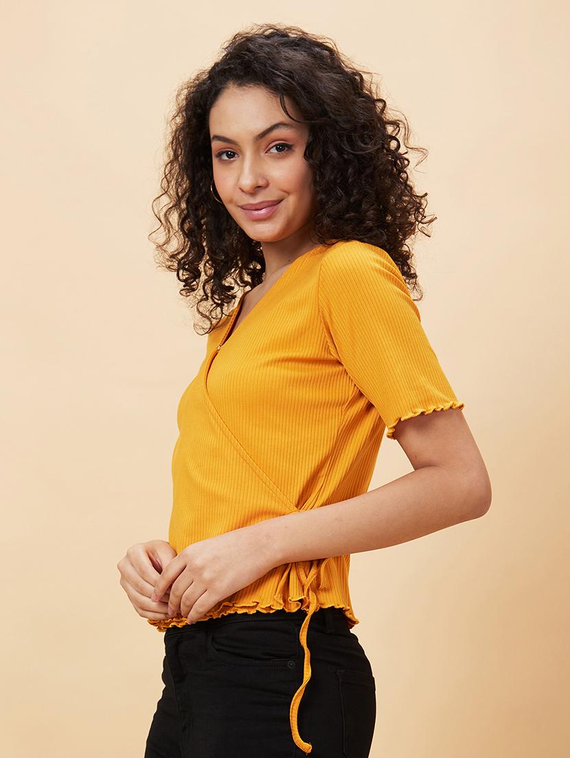 women yellow cotton wrap top - 20158140 - Standard Image - 1