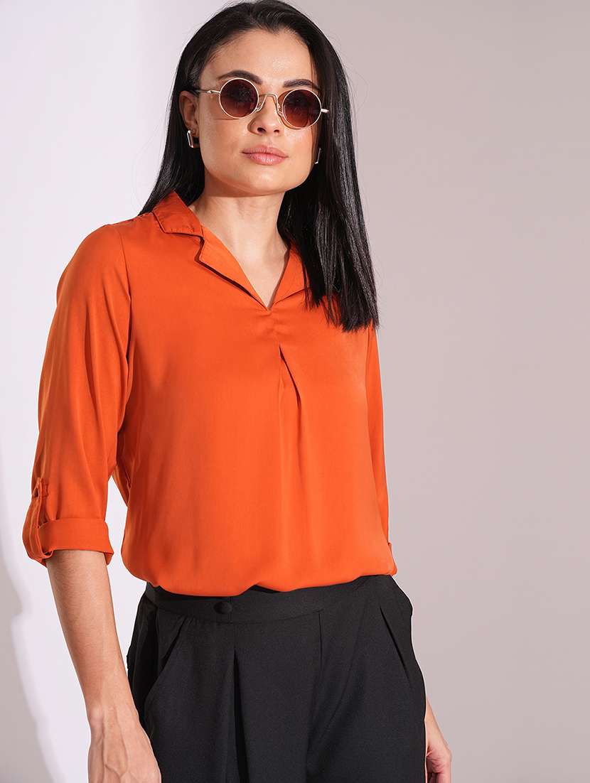 globus women rust collared roll up sleeve shirt style work wear top