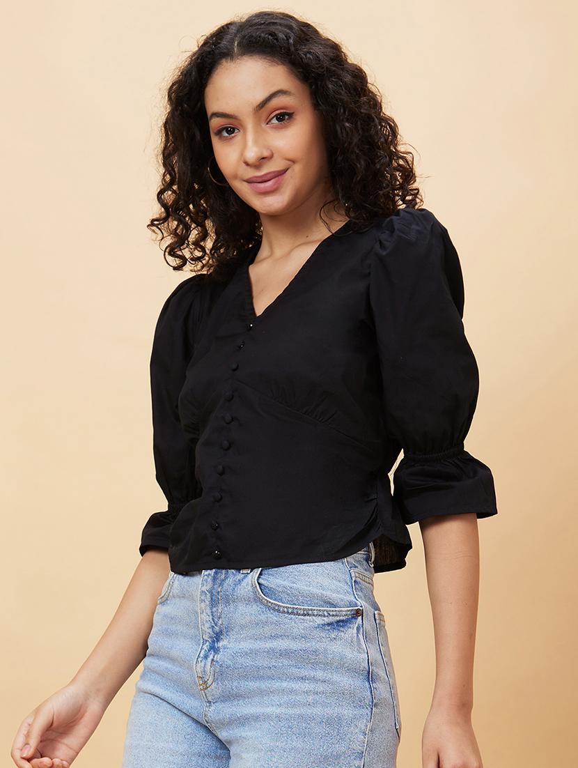 black cotton regular top - 20158165 -  Standard Image - 1