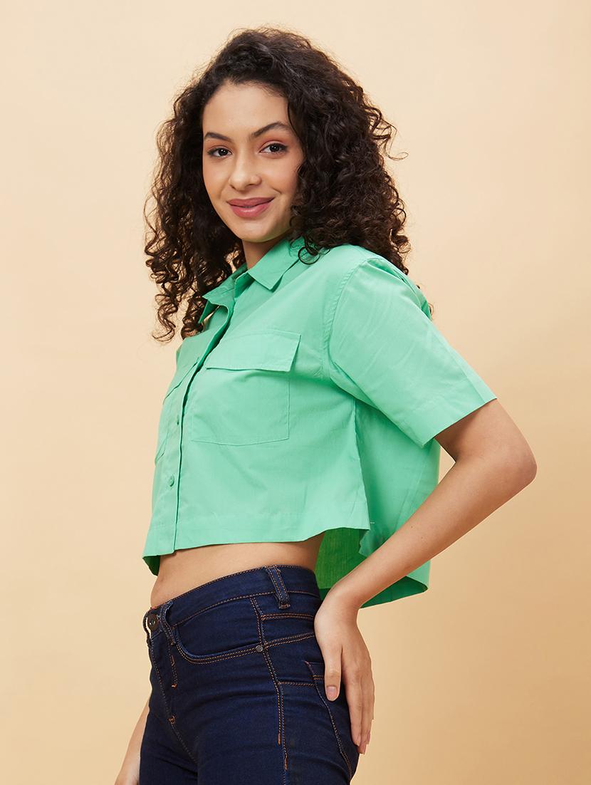 women sea green cotton crop top - 20158169 - Standard Image - 1