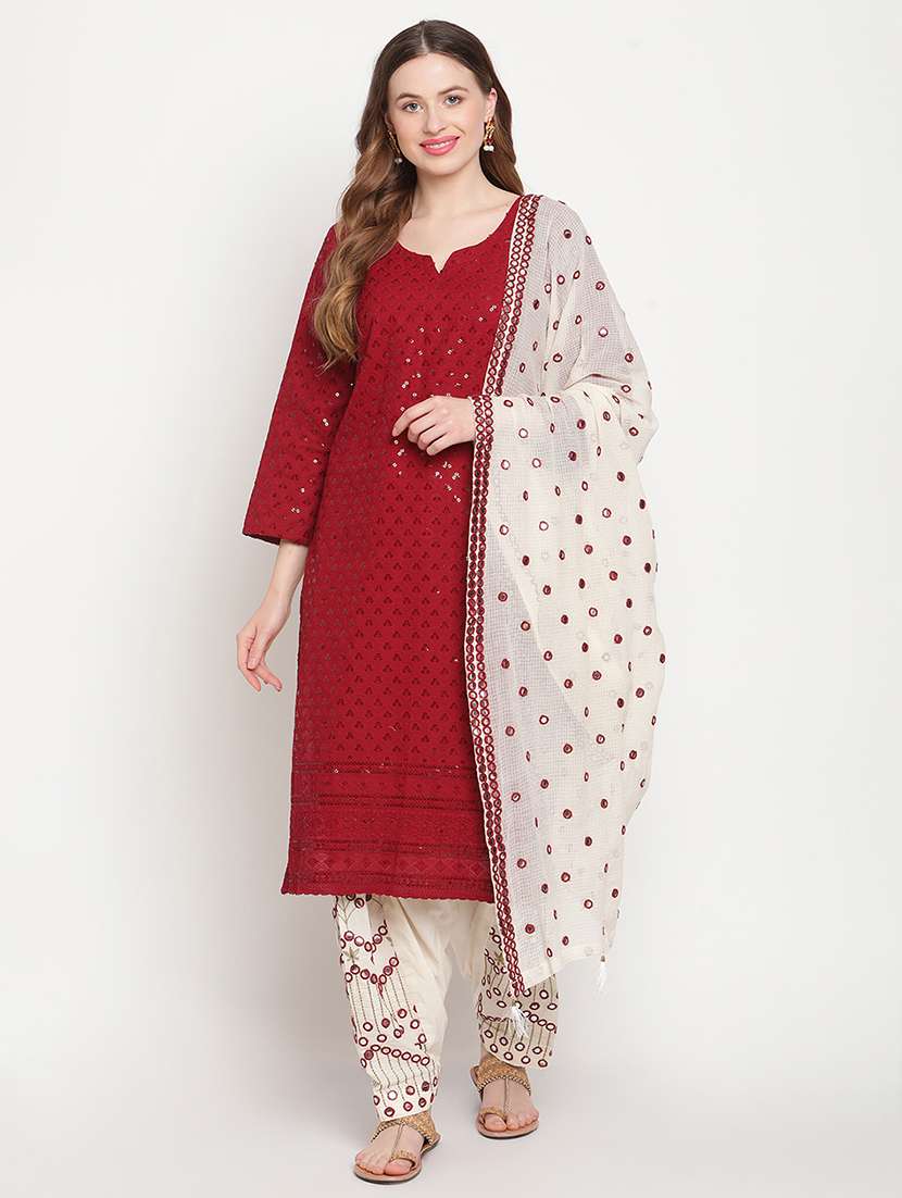 red notch neck embroidered kurta salwar set