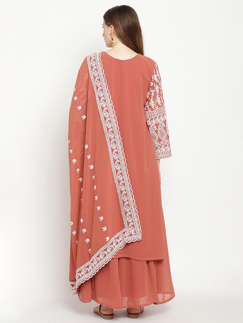 orange embroidered notch neck suit set - 20158390 - Standard Image - 1