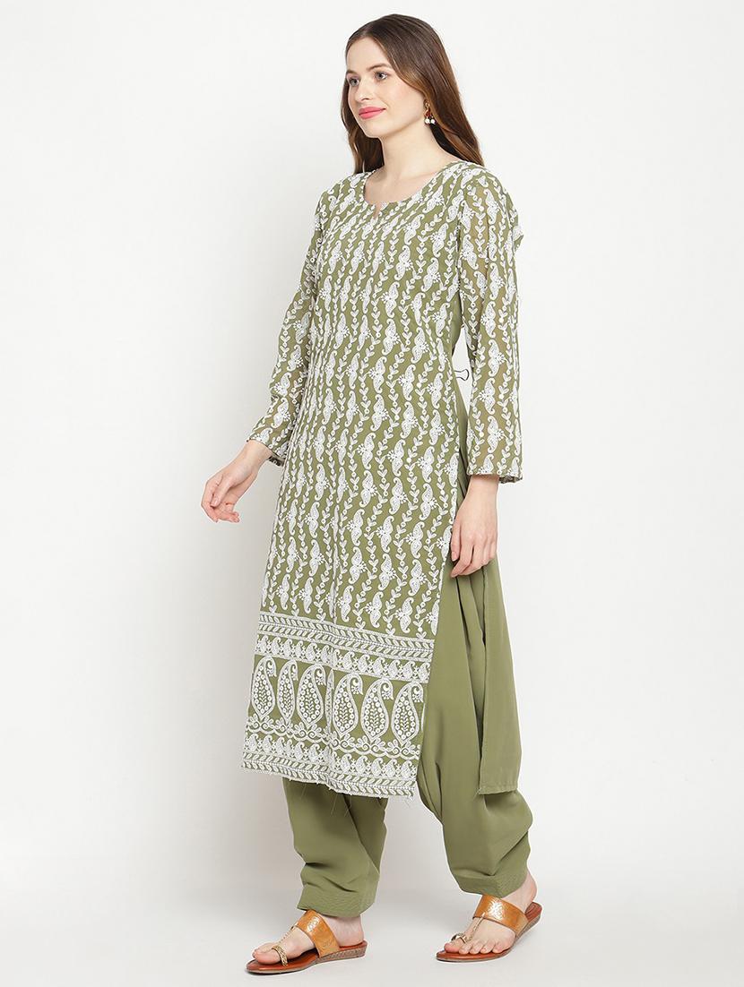 olive embroidered notch neck suit set - 20158399 - Standard Image - 1