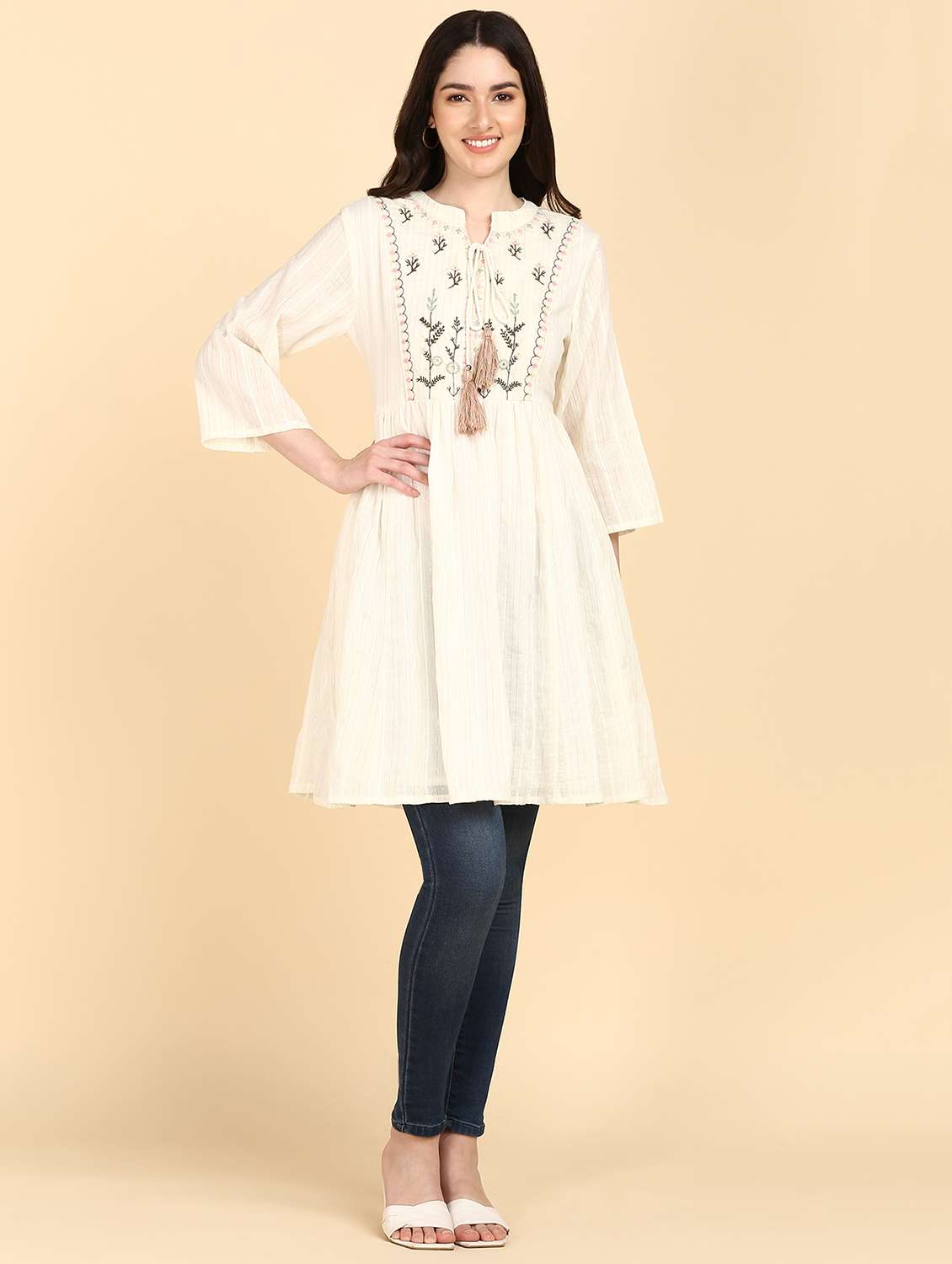 beige floral embroidered mandarin neck a-line tunic