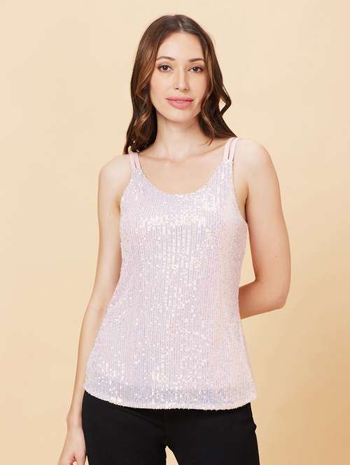 globus women pink sequinned stripes strappy shoulder party tank top - 20161041 -  Standard Image - 0