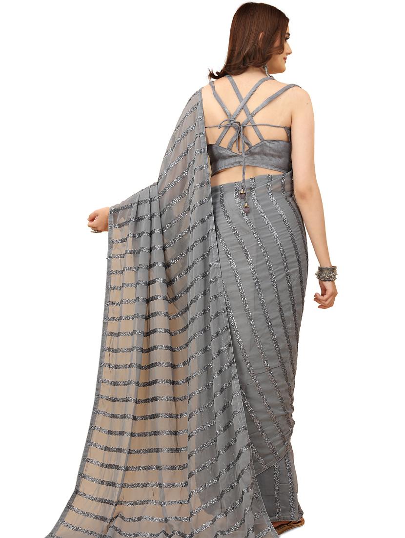 grey sequin work georgette saree with blouse - 20162403 - Standard Image - 1