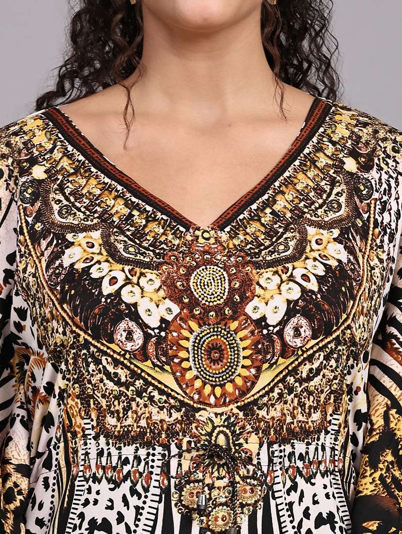 multi colored printed v neck kaftan dress - 20162416 -  Standard Image - 4