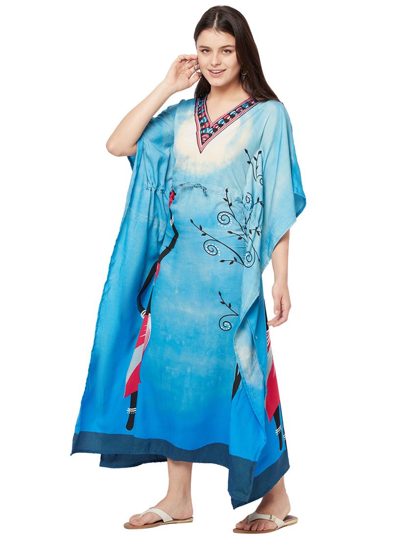 light blue printed v neck kaftan maxi dress - 20162446 - Standard Image - 1