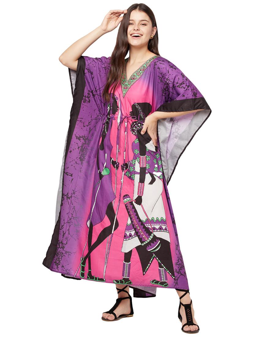 purple printed v neck kaftan maxi dress - 20162451 -  Standard Image - 1