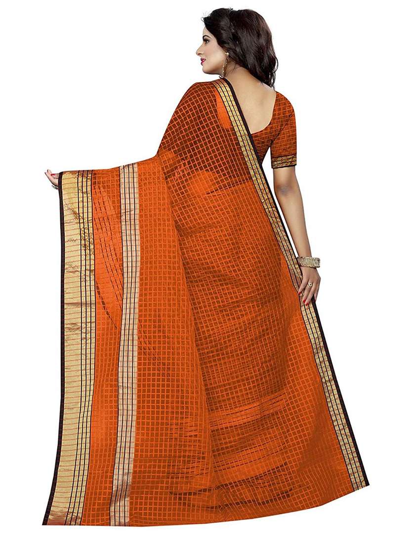 women's checks orange colored saree with blouse - 20163193 -  Standard Image - 1