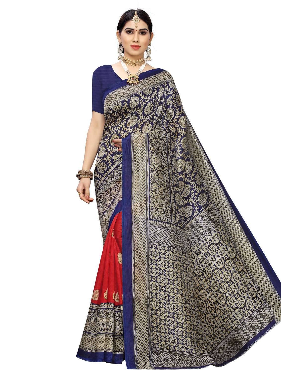 red printed art silk saree with blouse