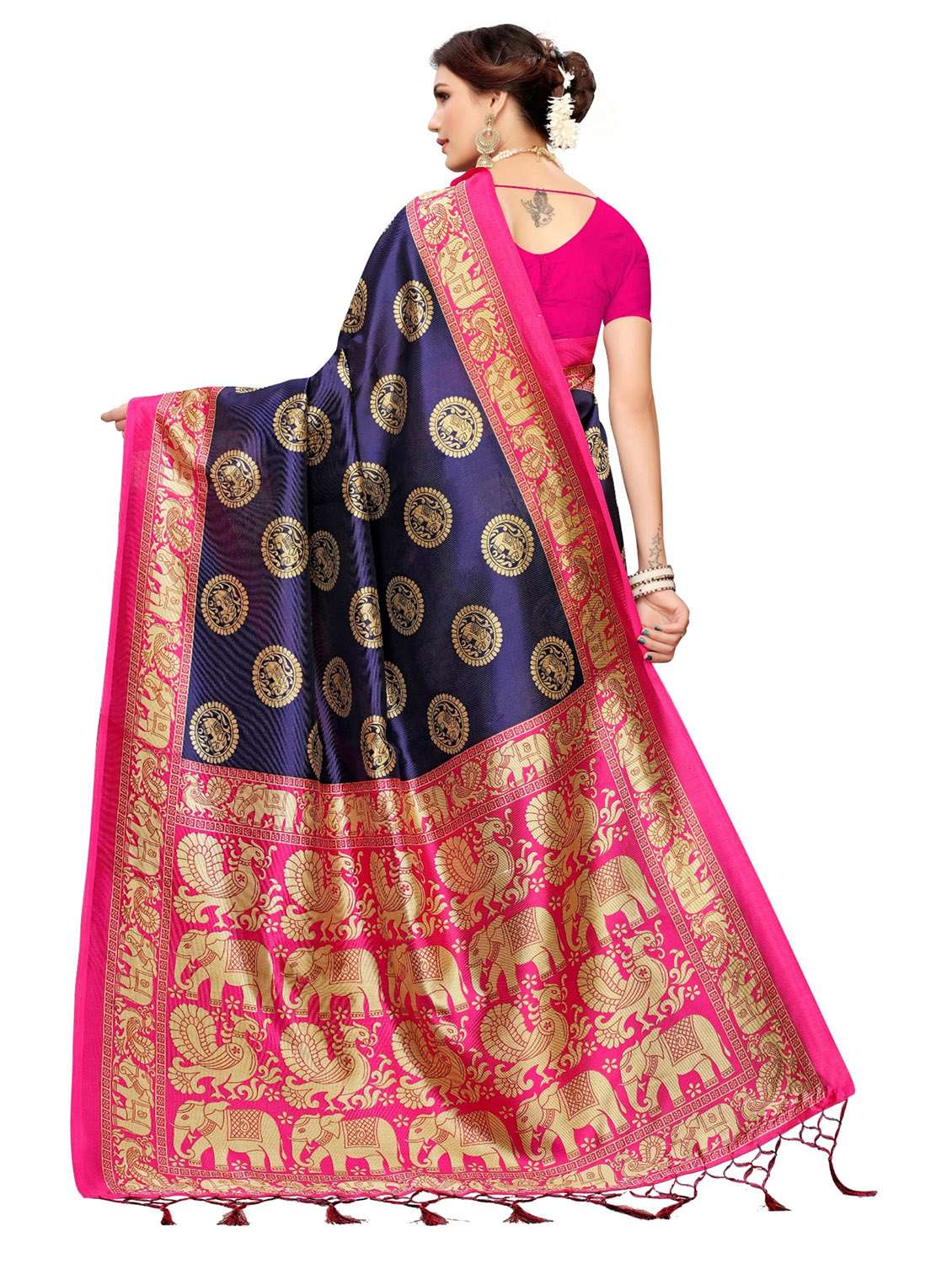 women's self design navy blue colored saree with blouse - 20163246 -  Standard Image - 1