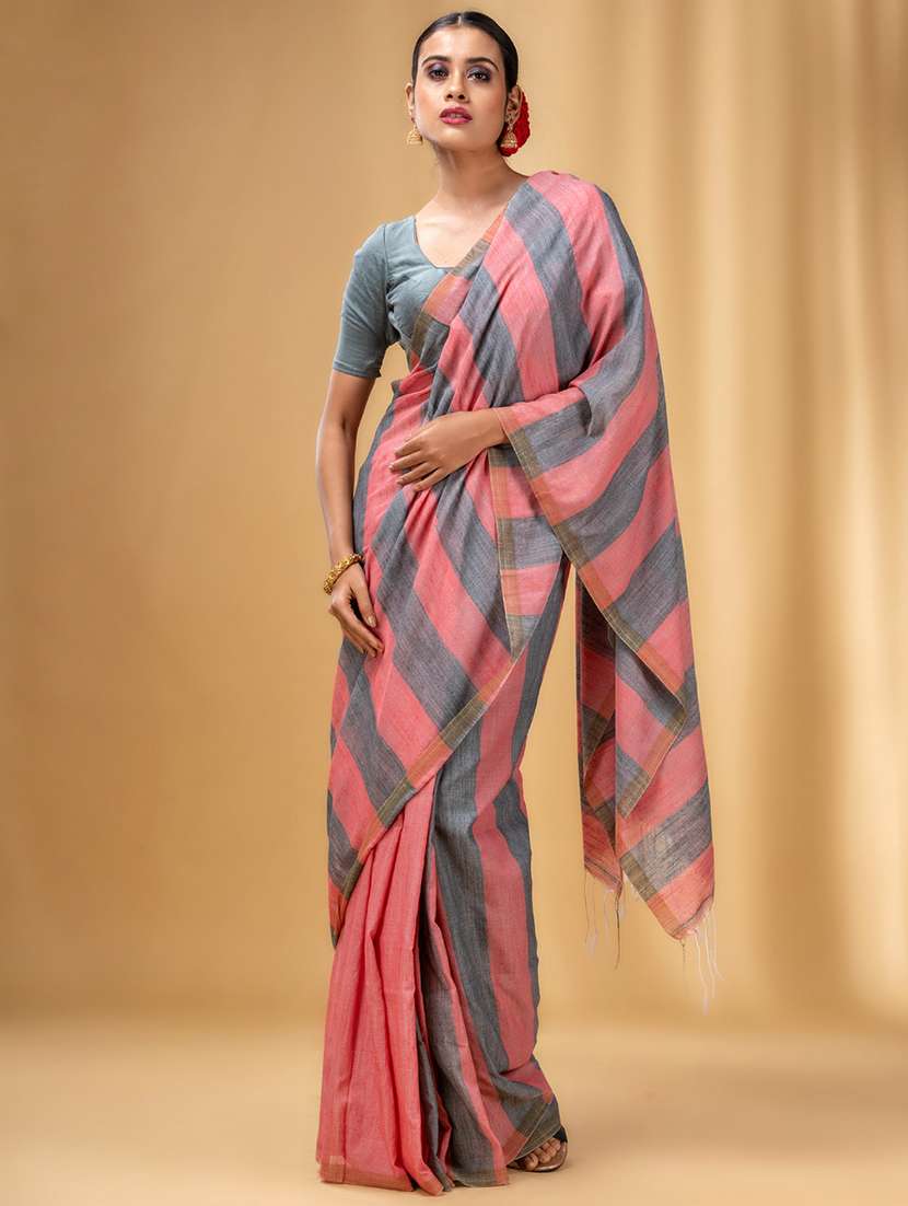 women's stripes grey colored saree with blouse