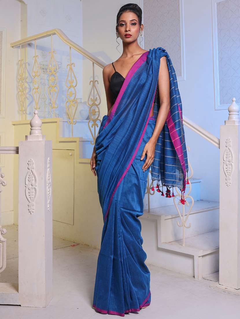 women's solid blue colored saree with blouse