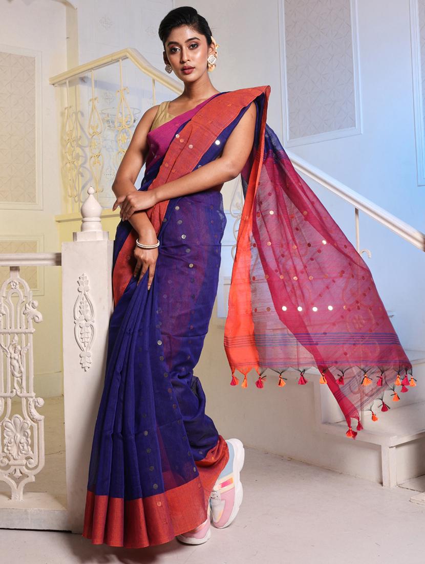 women's self design navy blue colored saree with blouse - 20163729 -  Zoom Image - 0