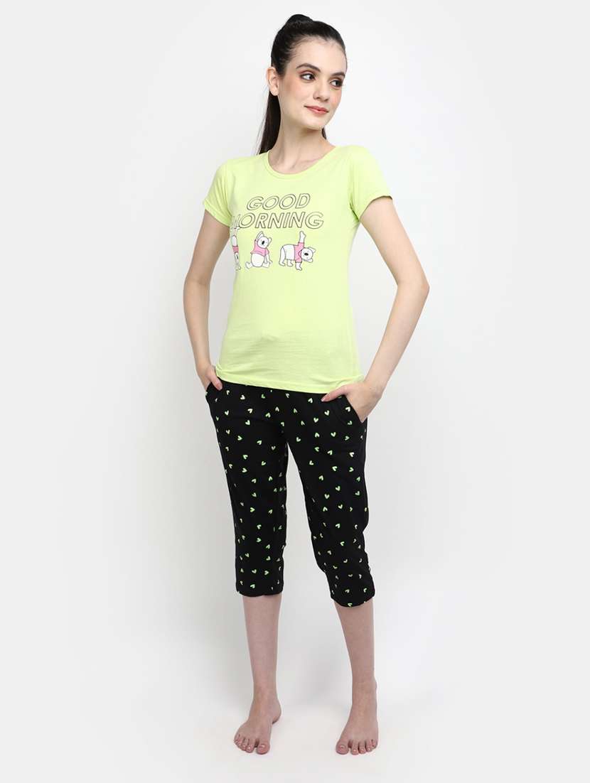 yellow round neck printed nightwear set - 20163891 -  Standard Image - 1