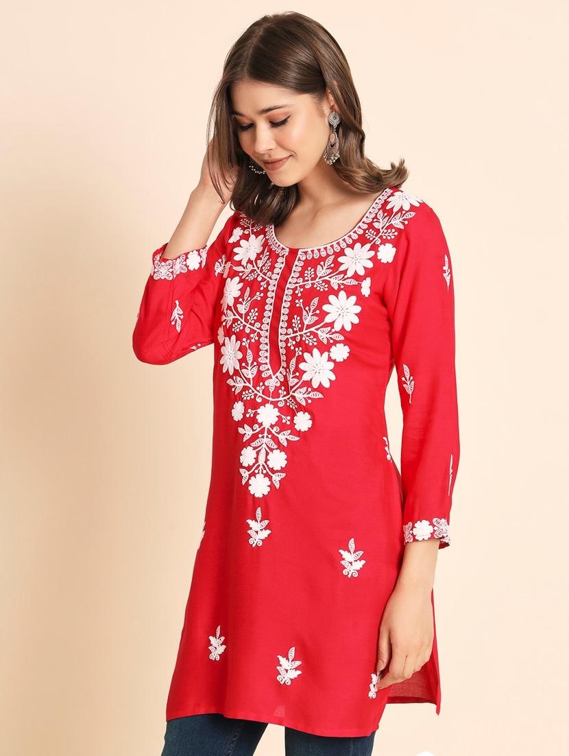 round neck embroidered straight kurti - 20163997 - Standard Image - 1