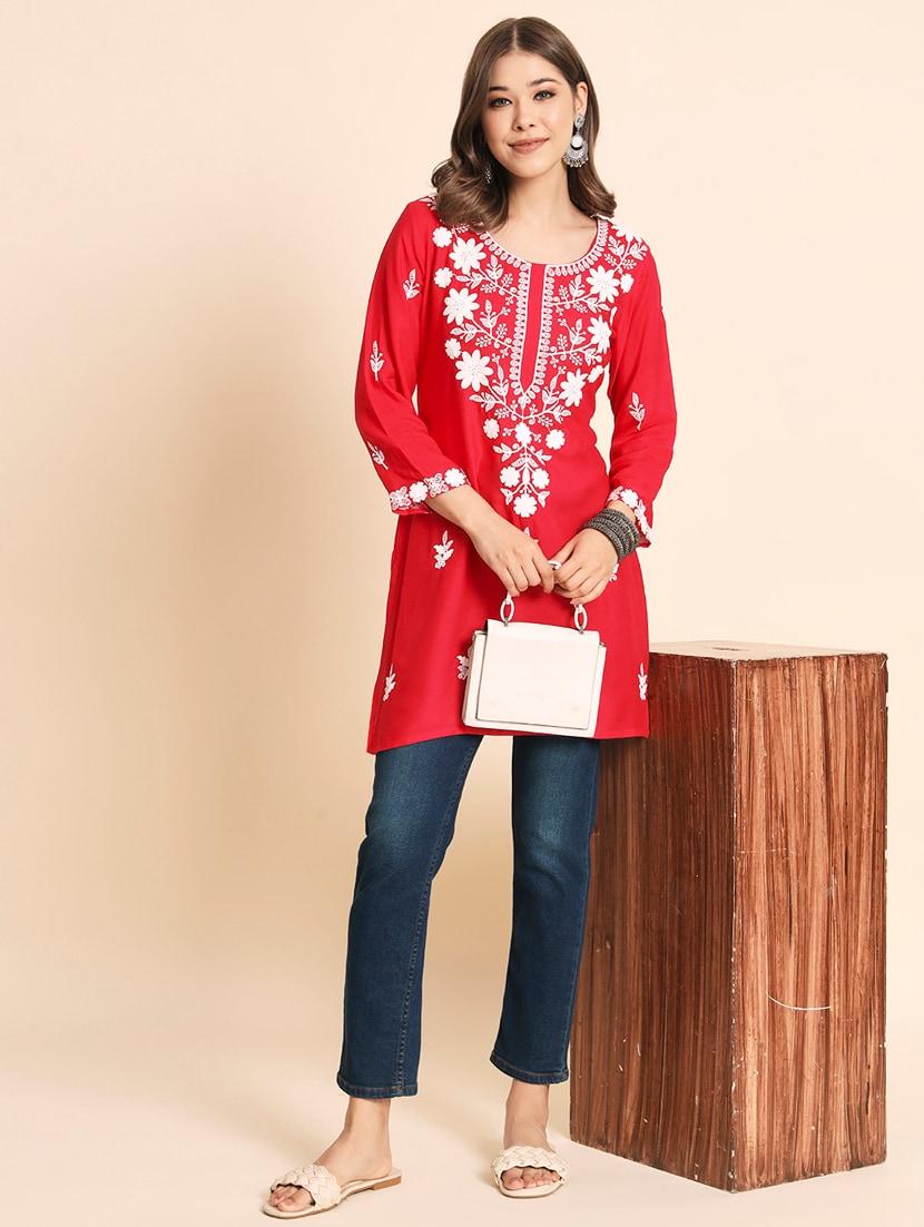 round neck embroidered straight kurti - 20163997 - Standard Image - 4