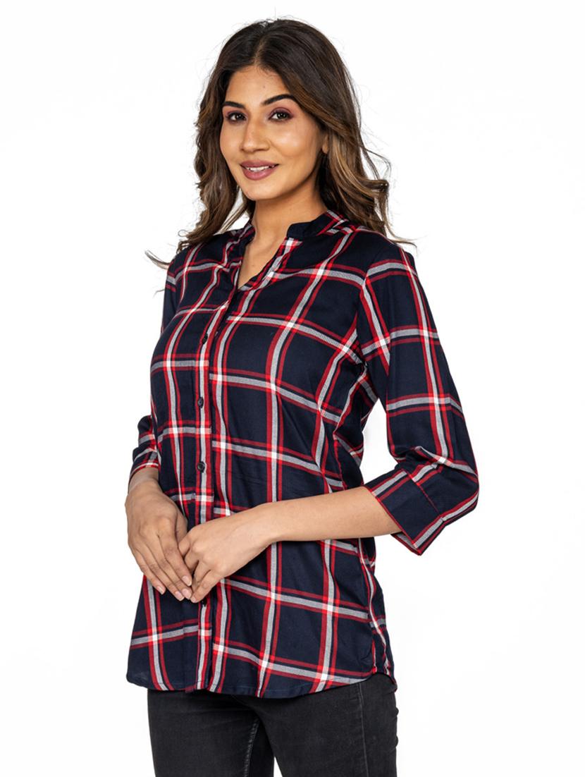 blue checkered print mandarin neck long shirt - 20164037 -  Standard Image - 1