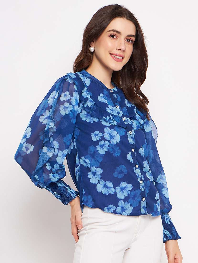 navy blue printed ruffle top - 20164057 -  Standard Image - 1