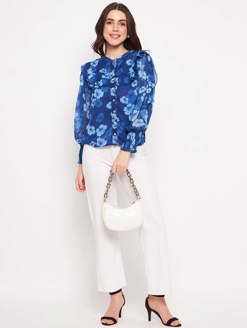 navy blue printed ruffle top - 20164057 -  Standard Image - 4