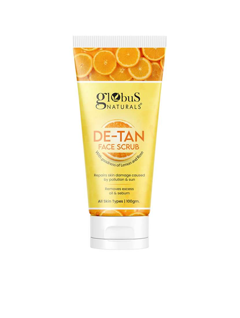 globus naturals de tan face scrub, enriched with lemon & rose, 100 gm