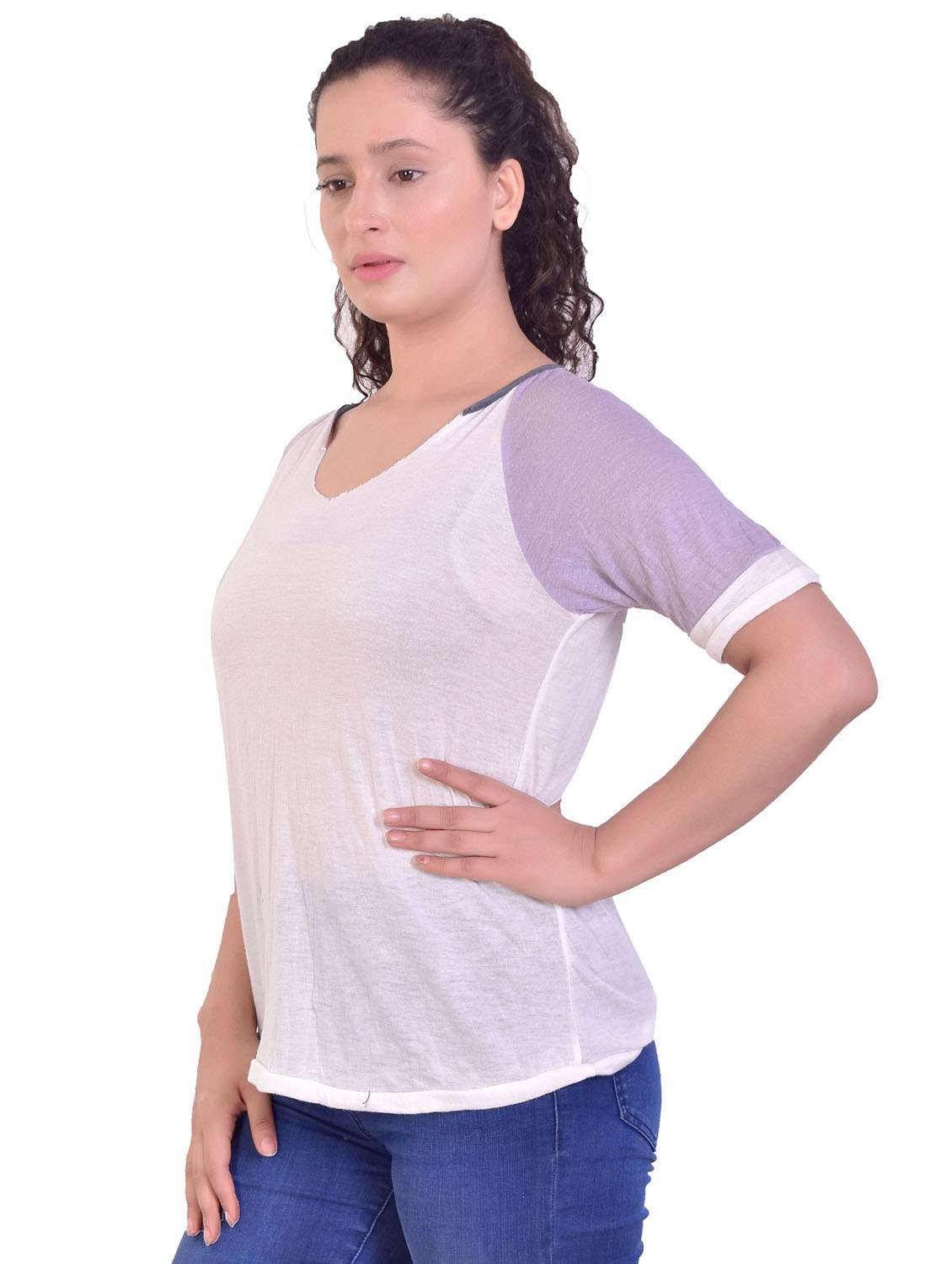 white color block v-neck regular top - 20166093 - Standard Image - 1