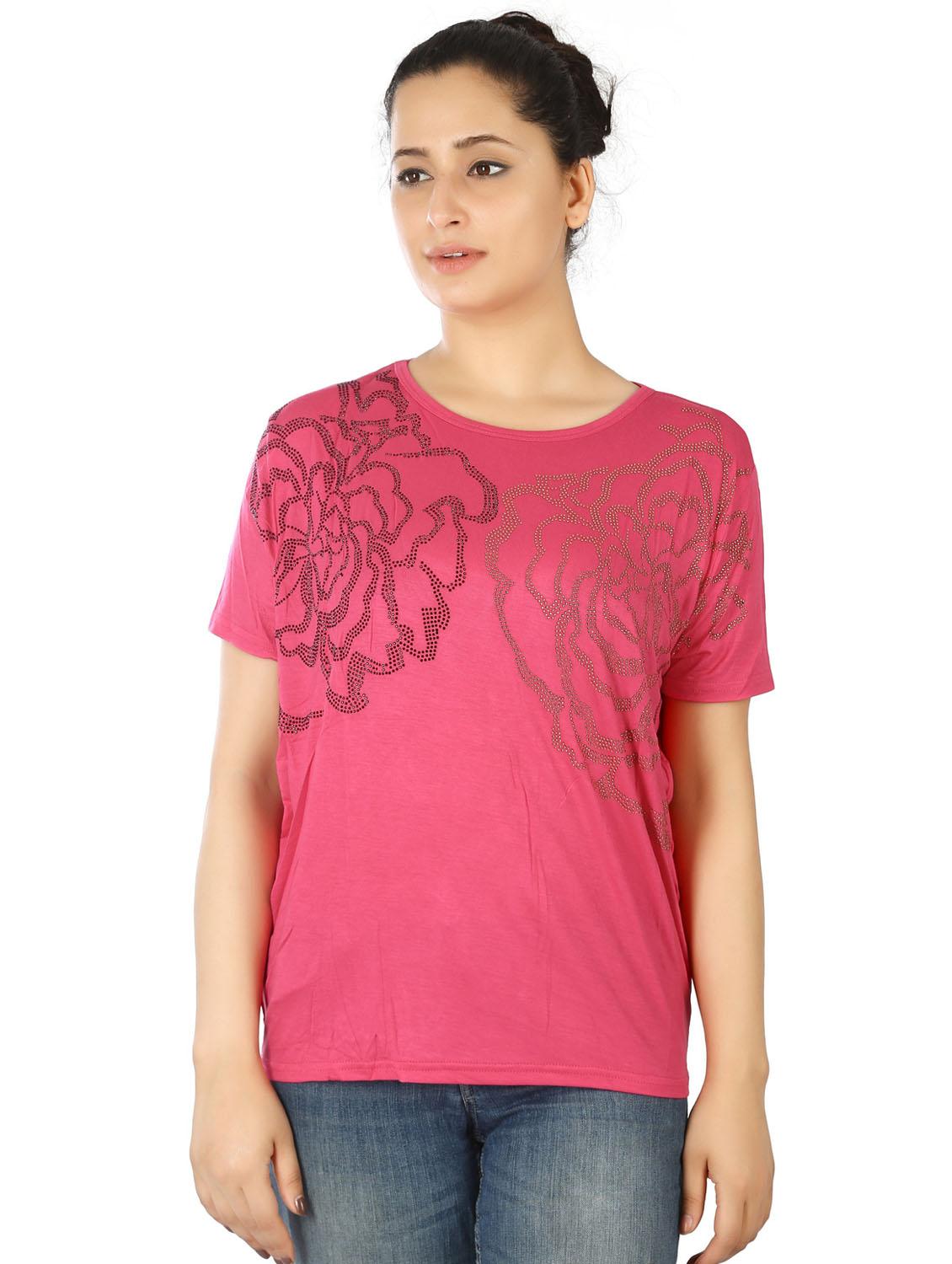 pink round neck short sleeves regular top - 20166131 - Zoom Image - 0