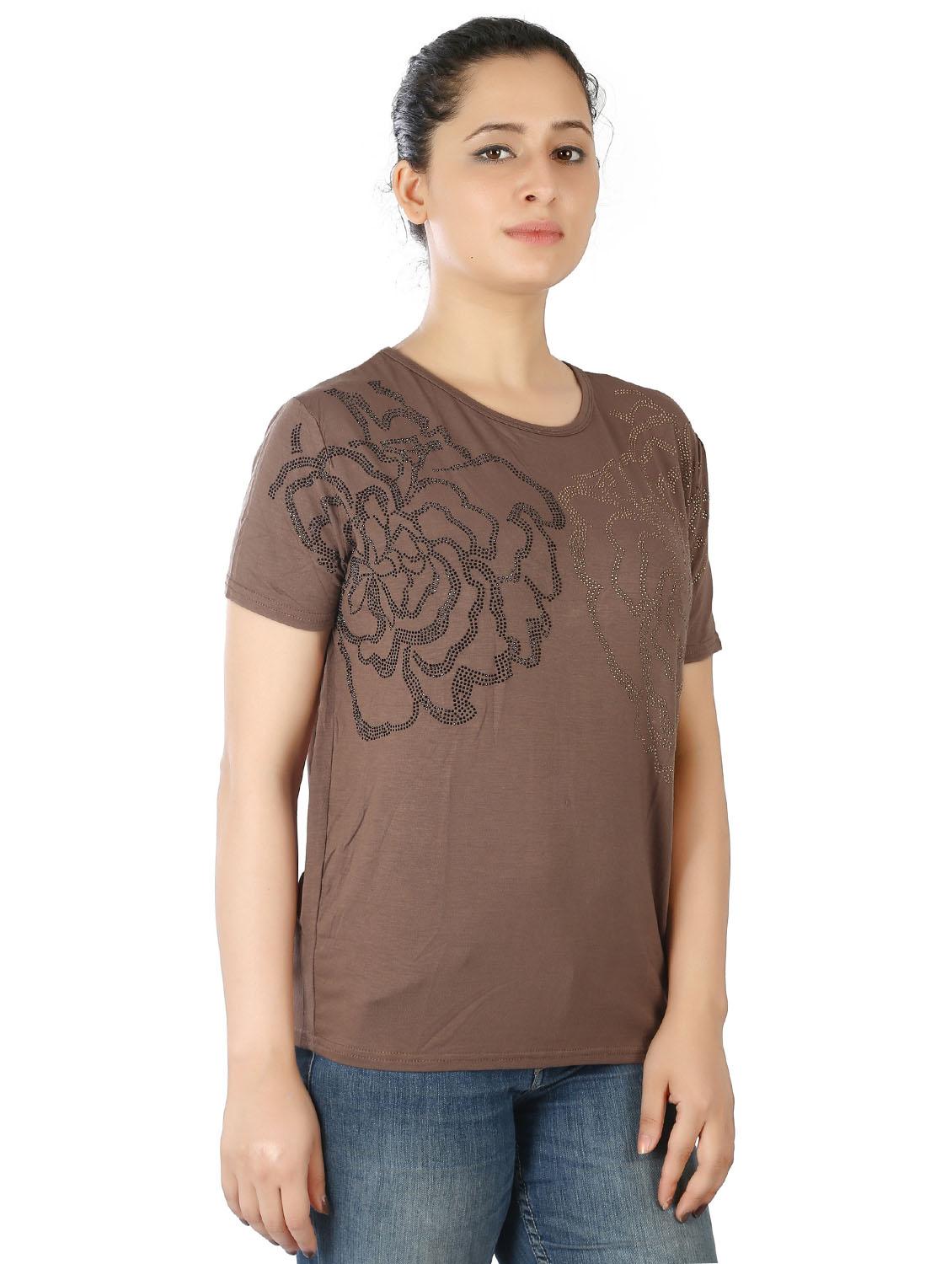 brown printed round neck regular fit top - 20166133 - Standard Image - 1