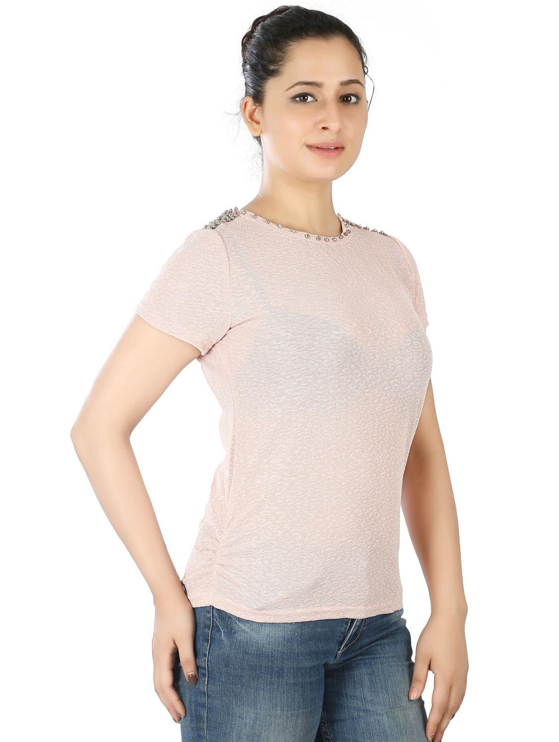 pink round neck short sleeves regular top - 20166138 -  Standard Image - 1