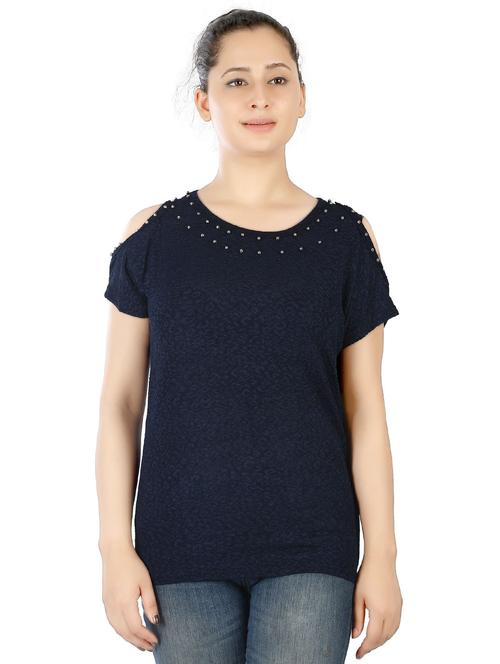 blue self designed round neck regular fit top - 20166139 -  Standard Image - 0